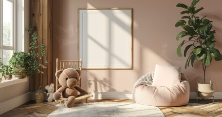 Mock-Up Frame in Children's Room with Natural Wooden Furniture