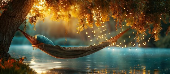 A Tranquil Summers Afternoon Lakeside Hammock in a Calming Bokeh Blur Setting