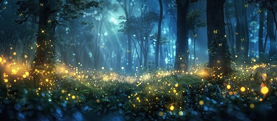 Ethereal Moonlit Forest Glade A Tranquil Nighttime Retreat with Fireflies - obrazy, fototapety, plakaty
