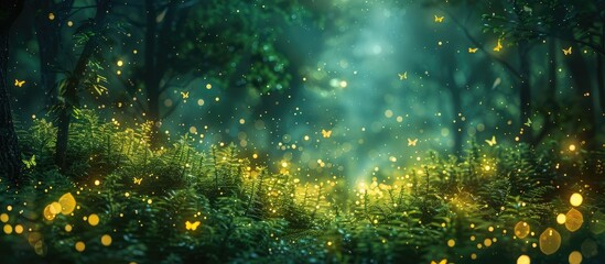 Tranquil Moonlit Forest Glade A Bokeh Blur Dreamscape with Darting Fireflies - obrazy, fototapety, plakaty