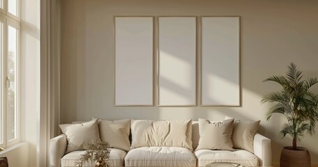 Poster Frame in Beige and Brown Living Room Interior Setting