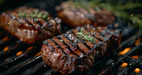 Premium Beef Steaks Grilling to Mouthwatering Perfection - obrazy, fototapety, plakaty