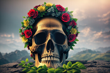 A skull with a wreath of flowers on its head, sitting on top of a rock in the middle of a mountainous landscape. - Powered by Adobe