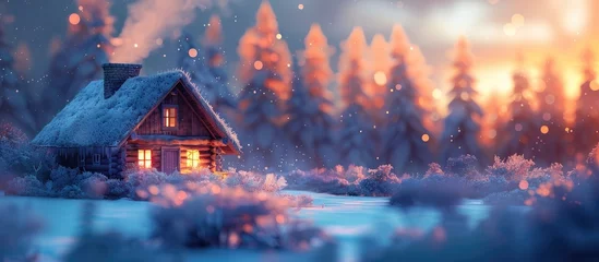 Foto op Plexiglas Cozy Winter Cabin A Secluded Hideaway in the Snowy Woods © Sittichok