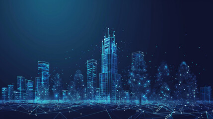 Wireframe landscape with Smart city. Technology background blue in low poly style. 