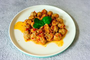 Sambal Goreng Kreni, an Indonesian dish. Meatballs cooked with spicy sauce