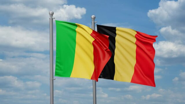 Belgium and Mali two flags waving together, looped video, two country relations concept