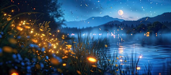 A Moonlit Lakeside Stroll Fireflies Dance in the Ethereal Bokeh Blur of Tranquil Night - obrazy, fototapety, plakaty