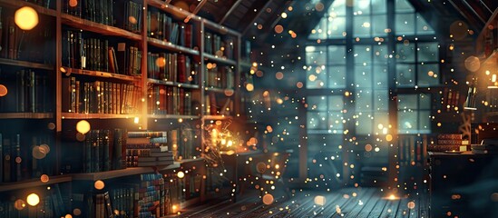 Bokeh Blur of a Cozy Attic Library Brimming with Literary Gems - obrazy, fototapety, plakaty