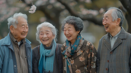 Asian seniors chatting happily in the park,generative ai