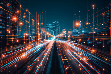 Fototapeta premium Smart city and abstract polygon pattern connection with speed line light, big data connection technology concept 