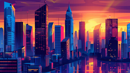 Sunset or sunrise Modern city skyscrapers panorama of tall buildings urban background. 