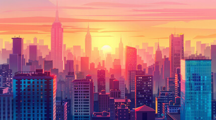 Sunset or sunrise Modern city skyscrapers panorama of tall buildings urban background. 