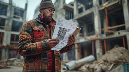 Construction worker seamlessly integrates technology into his work, scanning QR code amidst bustling 4K construction site.generative ai