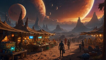 A vibrant depiction of a bustling alien marketplace on a distant planet, with various species trading exotic goods under a twin-sun sky Generative AI - obrazy, fototapety, plakaty