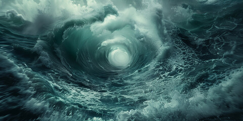 Digital illustration of an enormous vortex at sea, with water swirling into an abyss surrounded by the power of turbulent waves. - obrazy, fototapety, plakaty