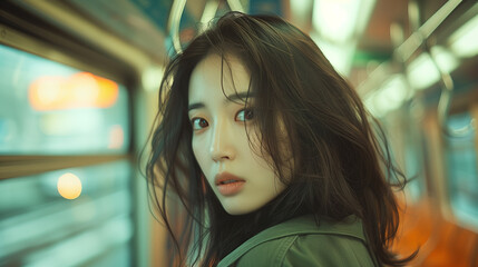 A young Korean woman commute on Seoul subway, her graceful presence a quiet contrast to the city's bustling morning, capturing the essence of the metropolis.