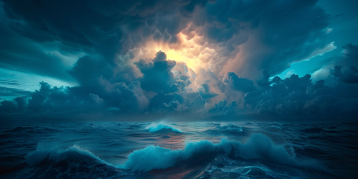 Digital painting of ocean fury with stormy seas and menacing thunderclouds, illuminated by light of lightning strikes, showcasing the dramatic and perilous beauty of the sea in tempestuous conditions.