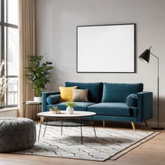 modern living room with sofa, picture mockup on the wall