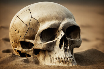 A skull buried in the sand. - obrazy, fototapety, plakaty