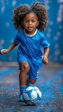 6 year old adorable African American with curly hair photoshoot, kicking a soccer ball,generative ai
