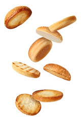 Fresh burger buns falling on white background