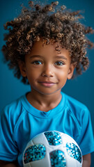 6 year old adorable African American with curly hair photoshoot, kicking a soccer ball,generative ai