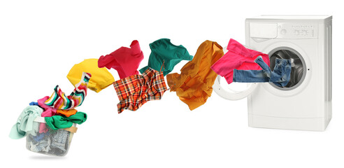 Clothes flying from laundry basket into washing machine on white background - obrazy, fototapety, plakaty