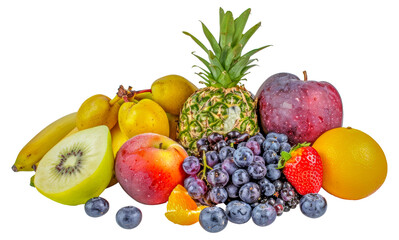 A colorful assortment of fruits including apples, oranges, bananas, cut out - stock png.