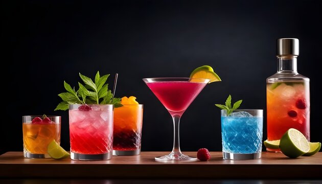 Create a visually stunning image that captures the artistry of mixology. Display a mesmerizing cocktail presentation with vibrant colors, meticulously crafted garnishes, and an ambiance that exudes so