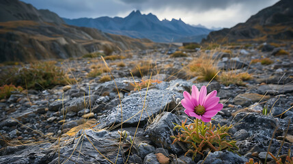 a solitary pink flower blooming amidst rugged terrain