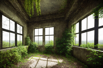 An abandoned building with a large window on the side.