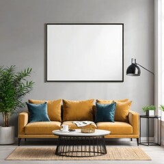 modern living room with sofa, picture mockup on the wall