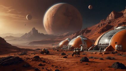 Fototapeta na wymiar A detailed illustration of a futuristic space colony on Mars, featuring domed habitats and advanced rovers exploring the red landscape Generative AI
