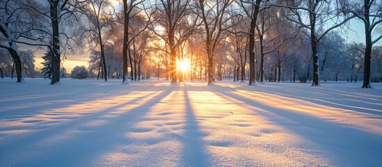 SnowCovered Trees Bask in Peaceful Bokeh Sunset