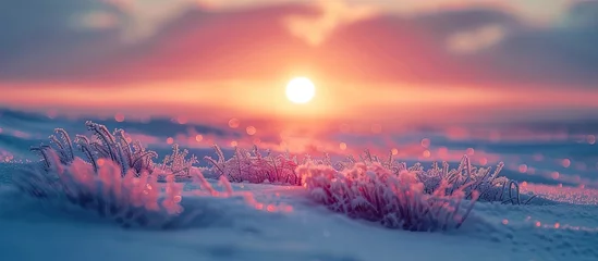 Gartenposter Snowy Landscape Basks in Mesmerizing Bokeh Sunset Glow © Sittichok