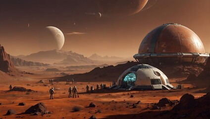 Fototapeta na wymiar A detailed illustration of a futuristic space colony on Mars, featuring domed habitats and advanced rovers exploring the red landscape Generative AI