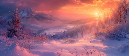 Breathtaking Bokeh Sunset Painting a Snowcovered Valley in Warm Hues - obrazy, fototapety, plakaty