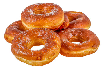 A stack of donuts with powdered sugar on top, cut out - stock png.