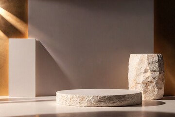 Product packaging mockup photo of White stone podium,, studio advertising photoshoot