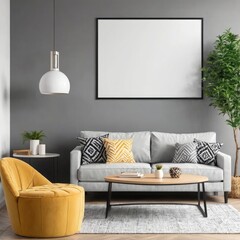 modern living room with sofa, picture mockup on the wall