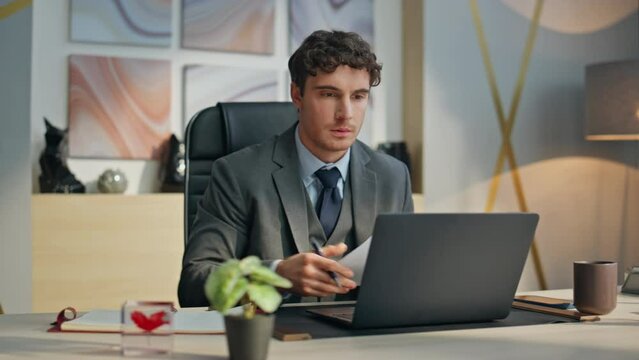Busy professional writing notebook working office closeup. Man drinking coffee