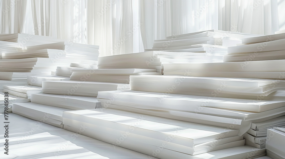 Aufkleber an abstract interior with staggered white rectangular forms creating a layered, architectural space 