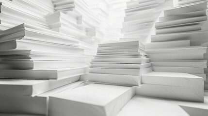 An abstract monochromatic image showing a multitude of stacked white paper sheets or blocks, creating a maze-like geometric pattern.