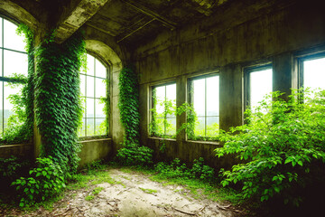 An old, abandoned building with overgrown vines growing out of the windows.
