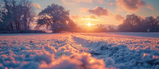 Tranquil Winter Sunset Breathtaking Snowcovered Countryside Illuminated by Radiant Bokeh Sunset - obrazy, fototapety, plakaty