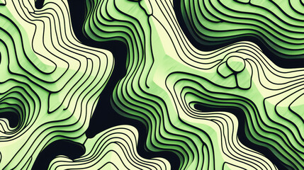 Abstract topographic map design with layered contours in green and black, creating a wavy and hypnotic visual effect. - obrazy, fototapety, plakaty