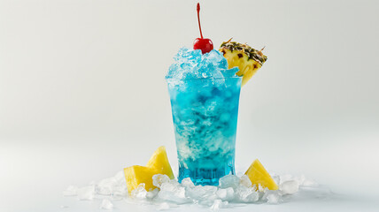 Blue slushie with a cherry on top, pineapple slice, surrounded by crushed ice.