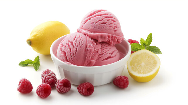 Raspberry sorbet in a bowl with fresh raspberries, lemon, and mint on a white background.