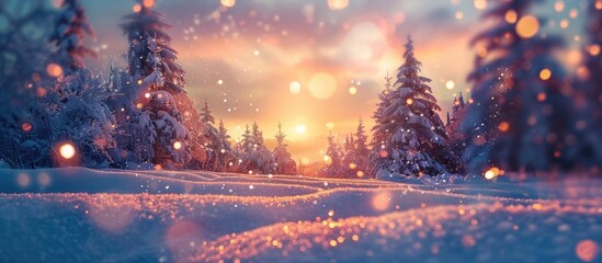 Breathtaking Bokeh Sunset Painting the Sky with Fiery Hues Backdropping SnowCovered Trees